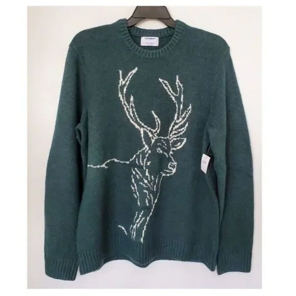 NWT Old Navy Reindeer Crewneck Sweater Dark Green Sz L Holiday Winter Cozy Cabin - Picture 2 of 8